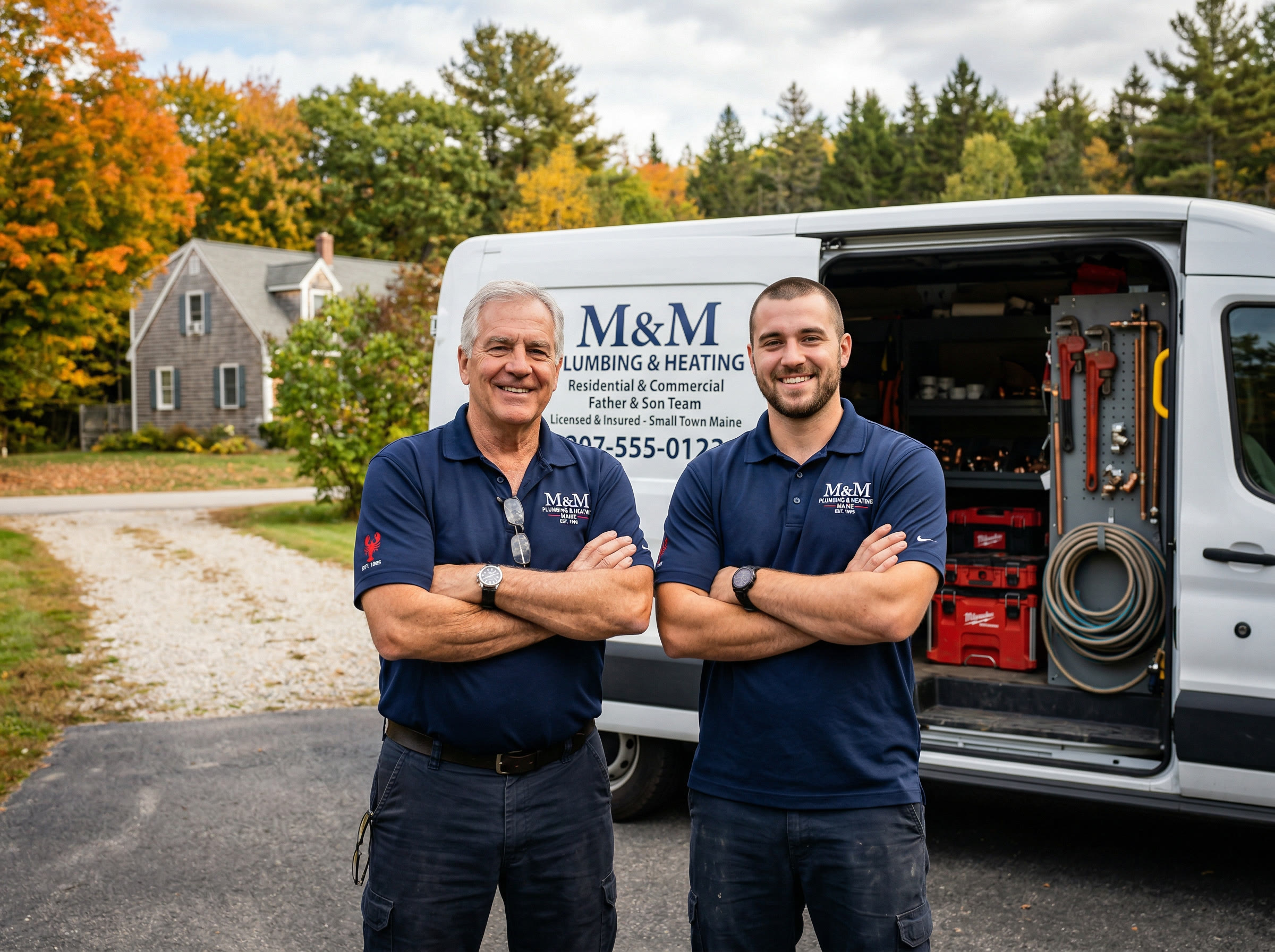Ben King and son — father and son electrician team in front of their service van in Augusta, Maine
